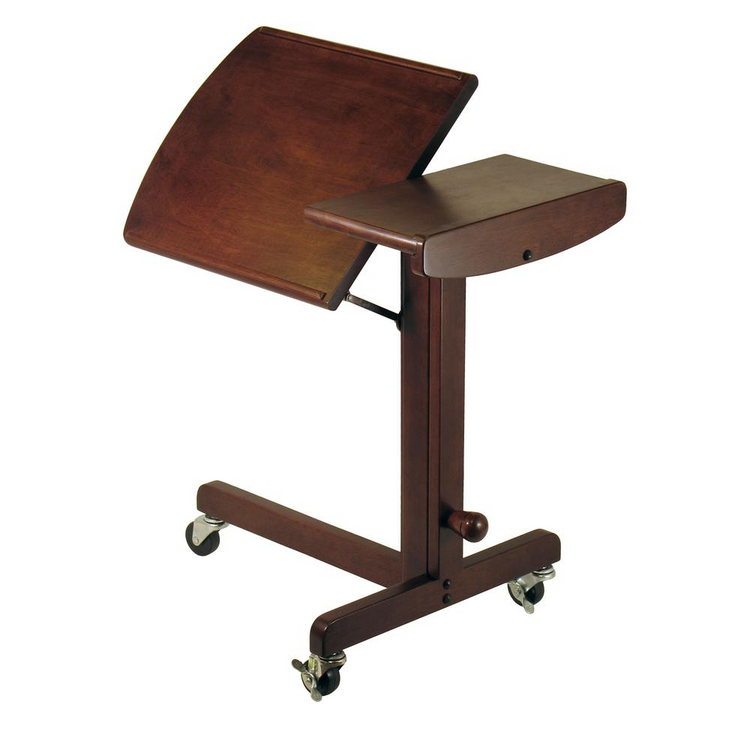 a wooden desk with wheels