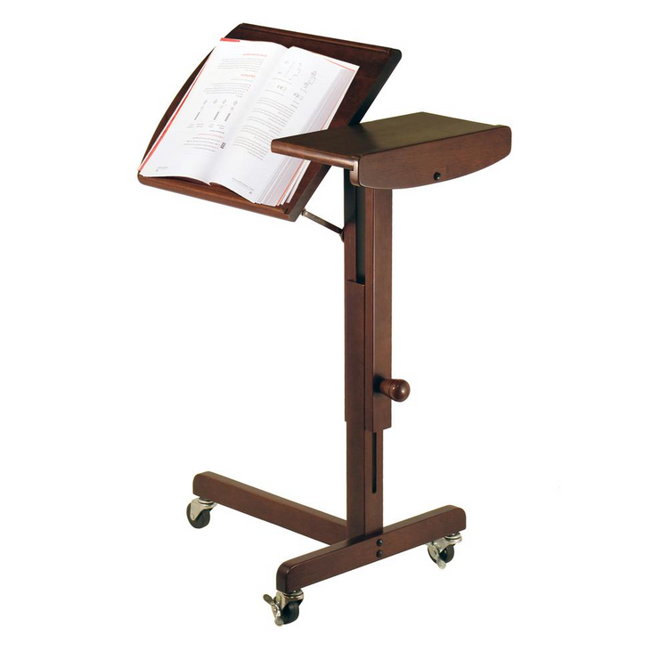 a wooden book stand with a book open