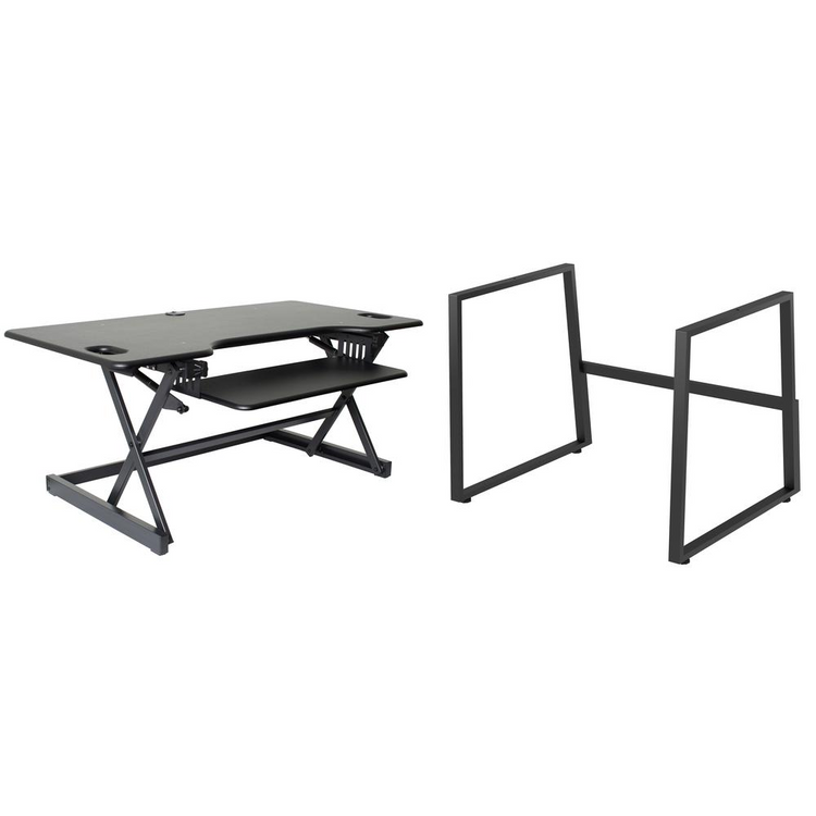 a black desk with a stand