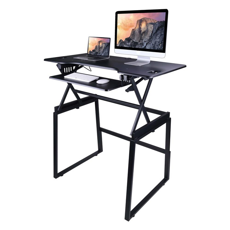 a computer and laptop on a stand up desk