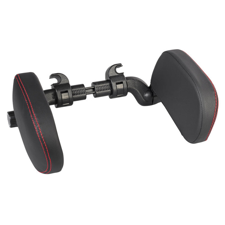 a black seat with red stitching