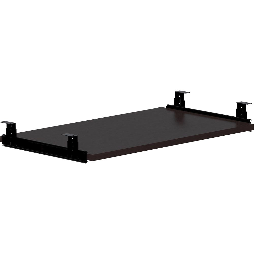 a black shelf with metal brackets