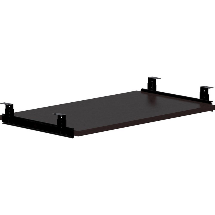 a black shelf with metal brackets