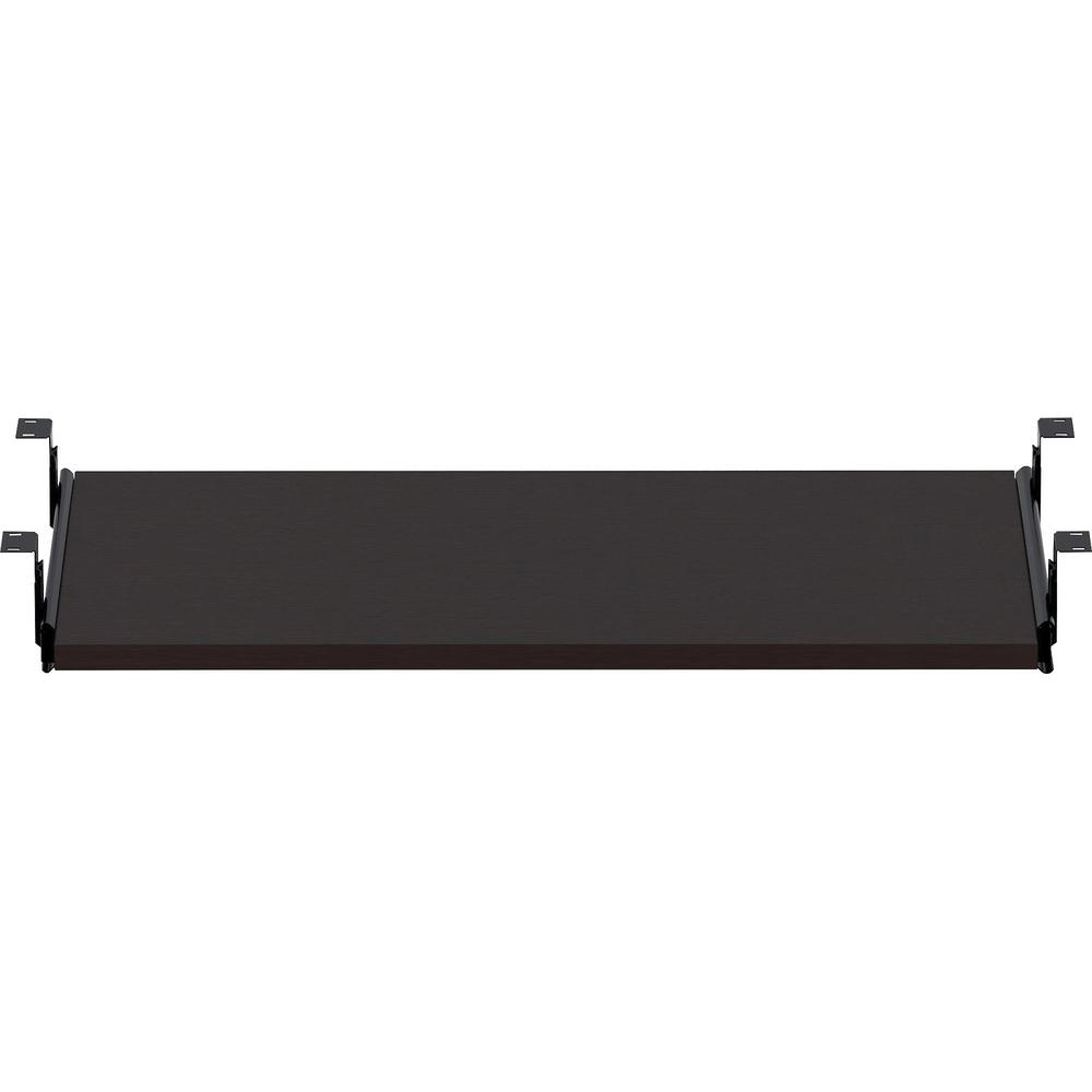 a black shelf with metal brackets