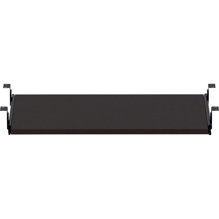 a black shelf with metal brackets