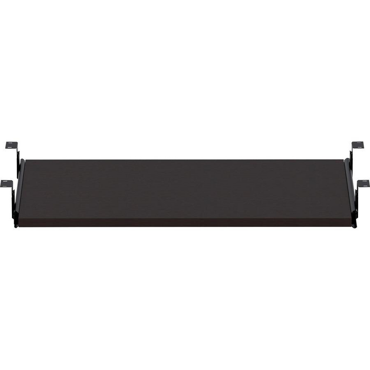 a black shelf with metal brackets