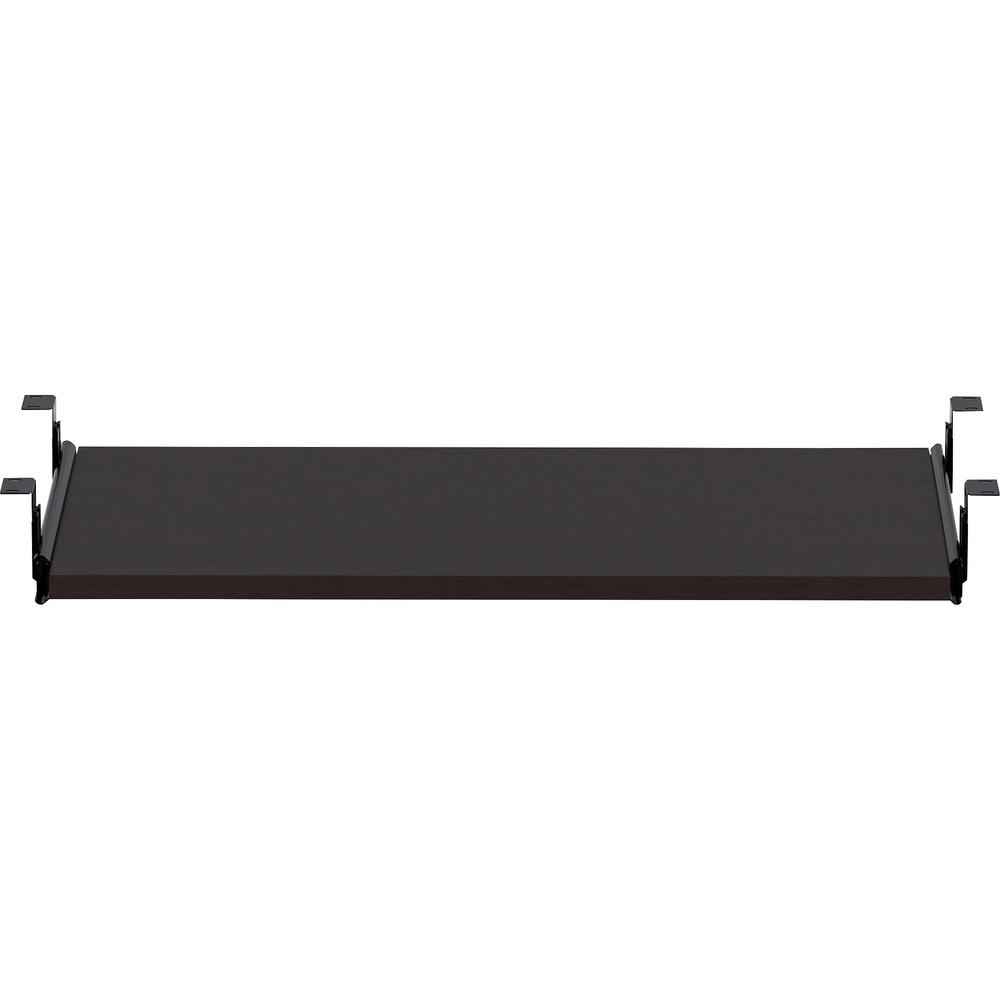 a black shelf with metal holders