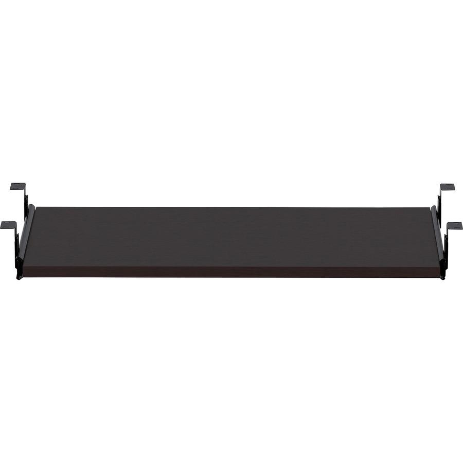 a black shelf with metal brackets