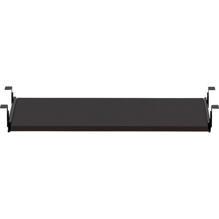 a black shelf with metal brackets