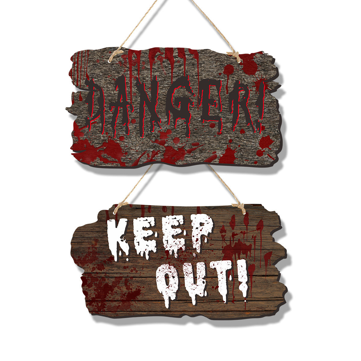 a wooden signs with red paint on them