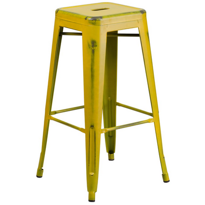 30" High Backless Distressed Yellow Metal Indoor-Outdoor Barstool