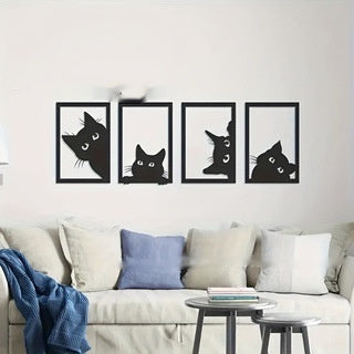 a couch with a coffee table and a cat sticker on the wall