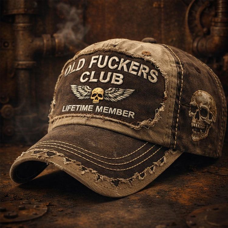 a brown hat with a skull on it