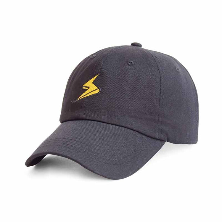 a black baseball hat with a yellow lightning logo