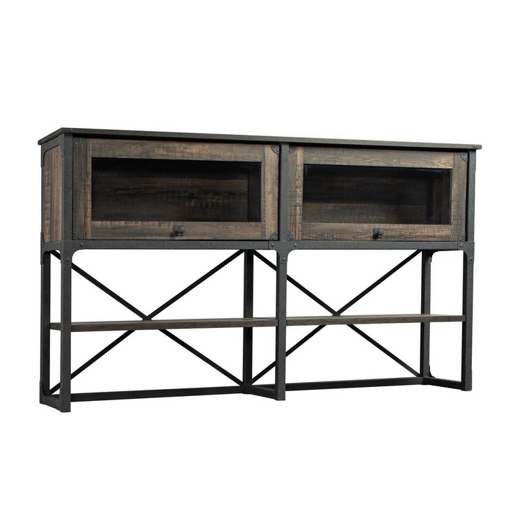 a wooden cabinet with glass doors
