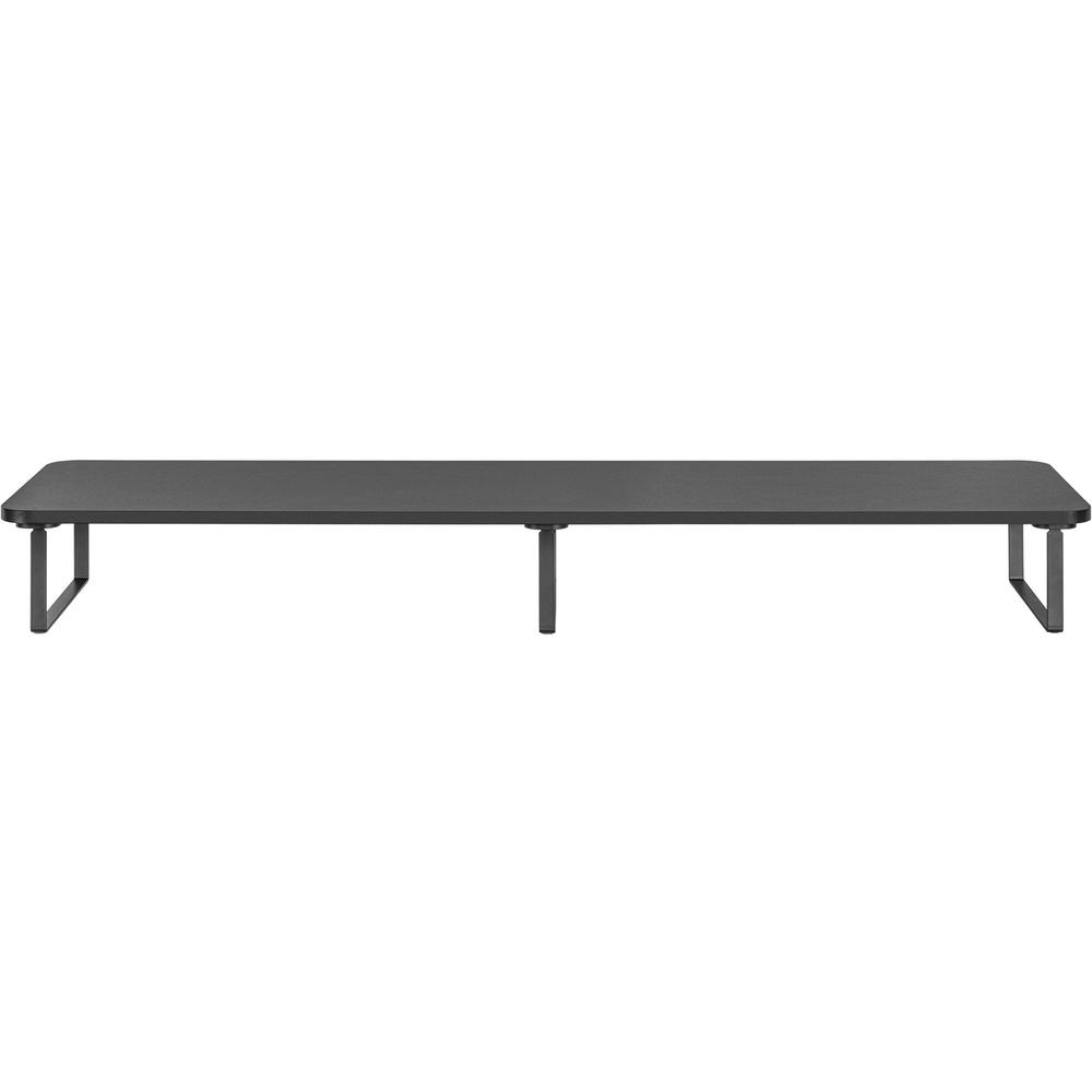 a long black bench with metal legs