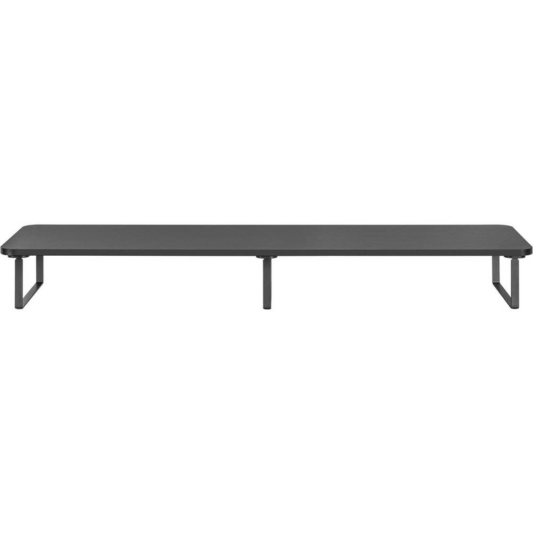 a long black bench with metal legs