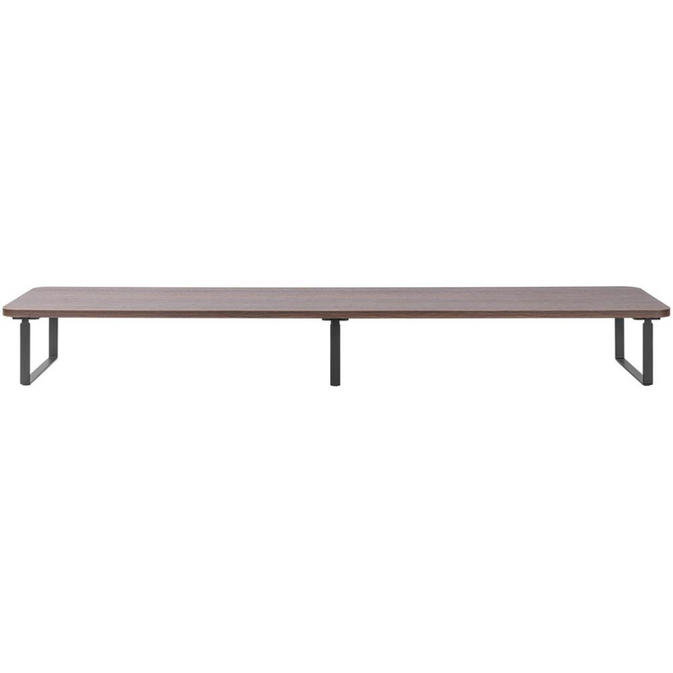 a long wooden bench with metal legs