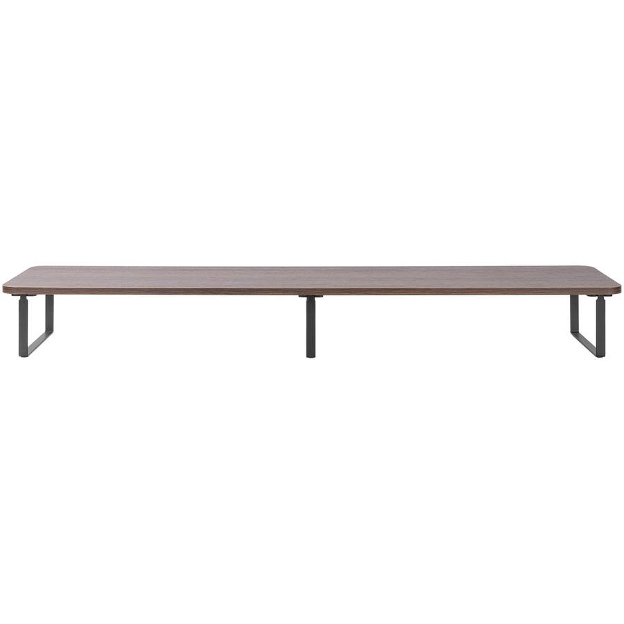 a long wooden bench with metal legs