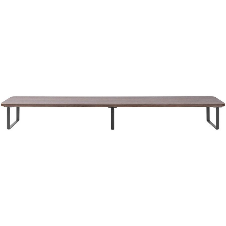 a long wooden bench with metal legs