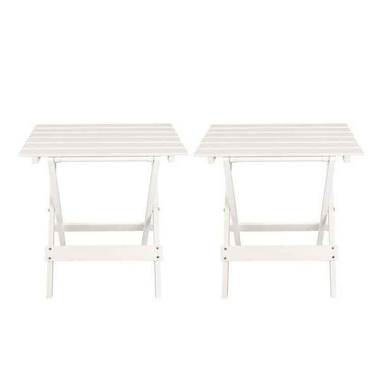 a pair of white folding tables