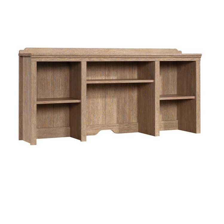 a wooden desk with shelves