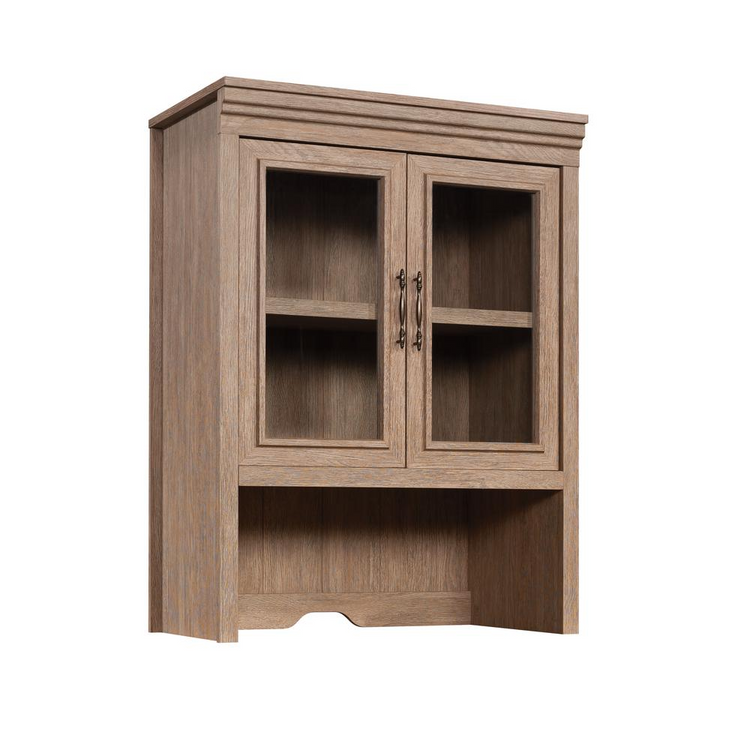 a wood cabinet with glass doors