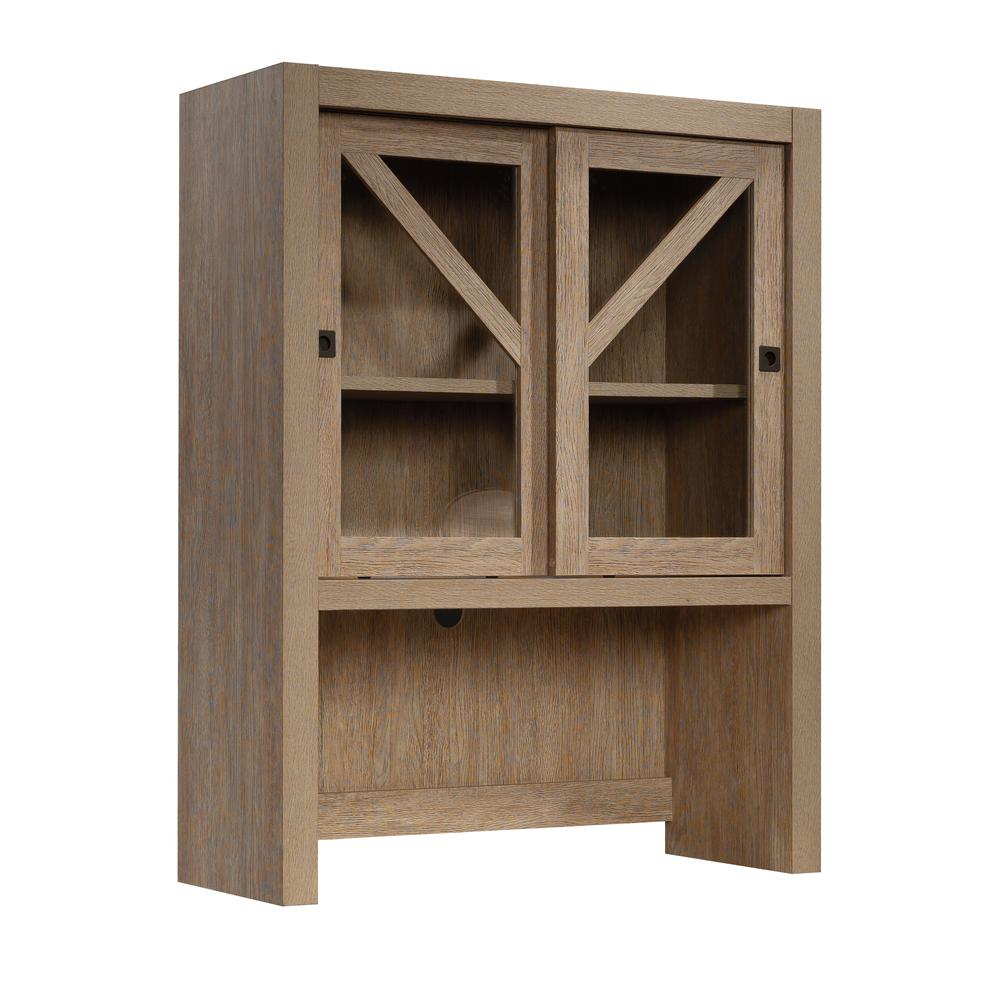 a wood cabinet with glass doors