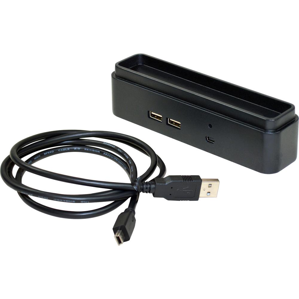 a black rectangular device with a black cable