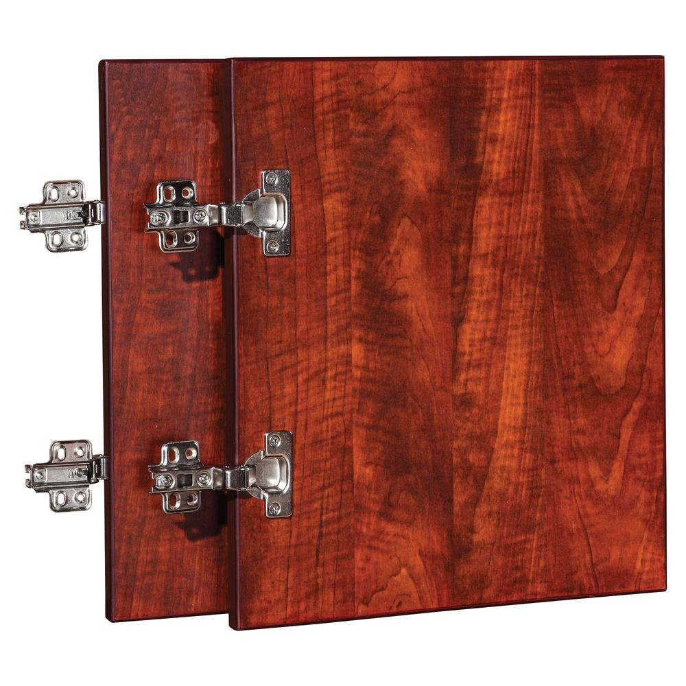 a wood cabinet door with metal hinges