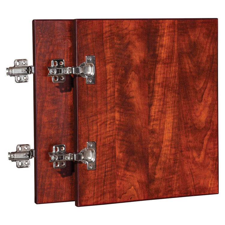a wood cabinet door with metal hinges