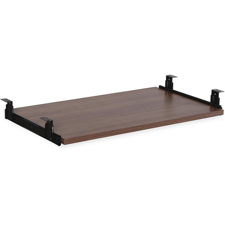 a brown wood shelf with black metal brackets