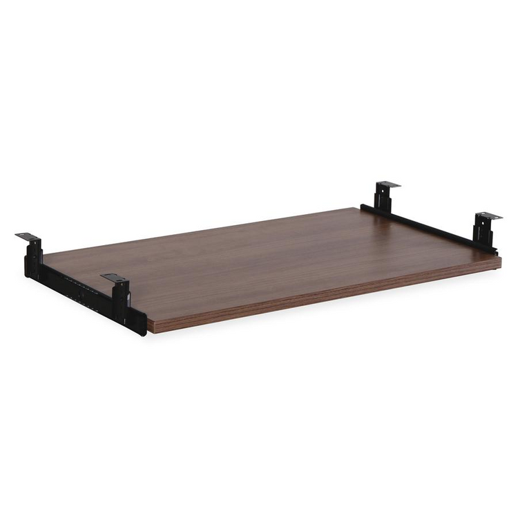 a brown wood shelf with black metal brackets