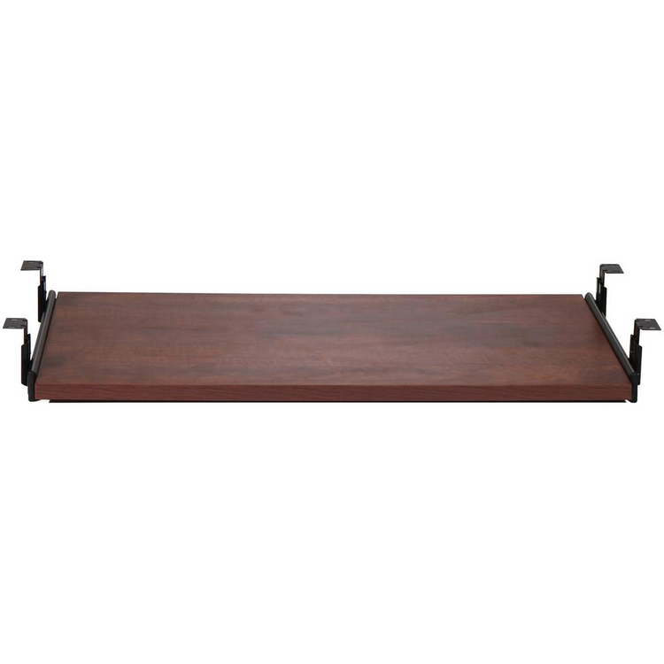 a wood shelf with metal brackets