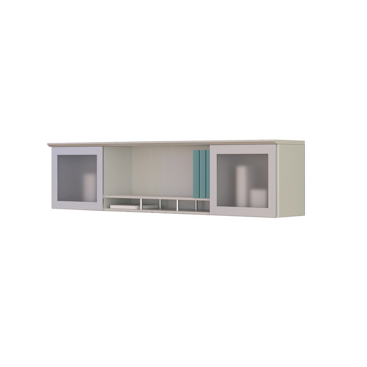 a white shelf with glass doors