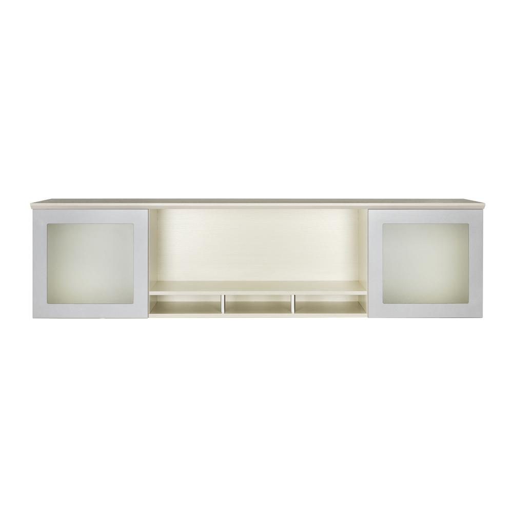 a white shelf with glass doors