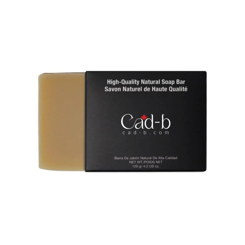 a black box with a brown bar of soap