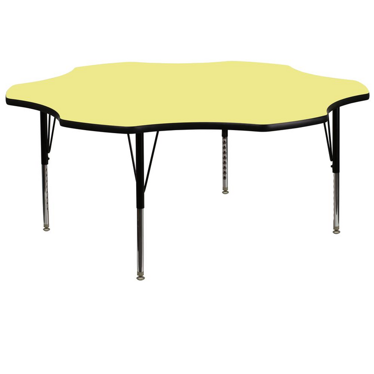 a yellow table with black legs