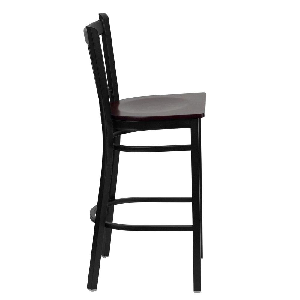Black Vertical Back Metal Restaurant Barstool - Mahogany Wood Seat