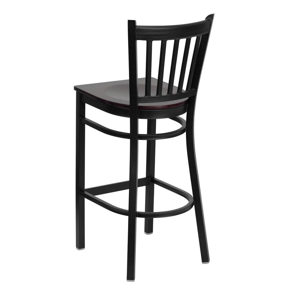 Black Vertical Back Metal Restaurant Barstool - Mahogany Wood Seat