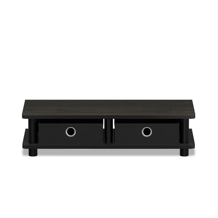 a black shelf with two drawers