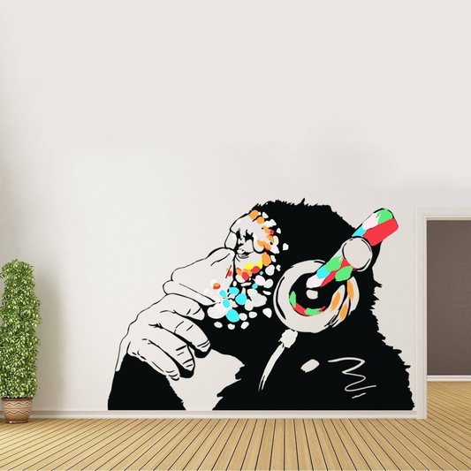 Banksy Thinking Monkey Sticker - Art Vinyl Street Dj Baksy Wall Decal - Headphones Chimp Music Thinker Graffiti Mural - Boy Smart Decals