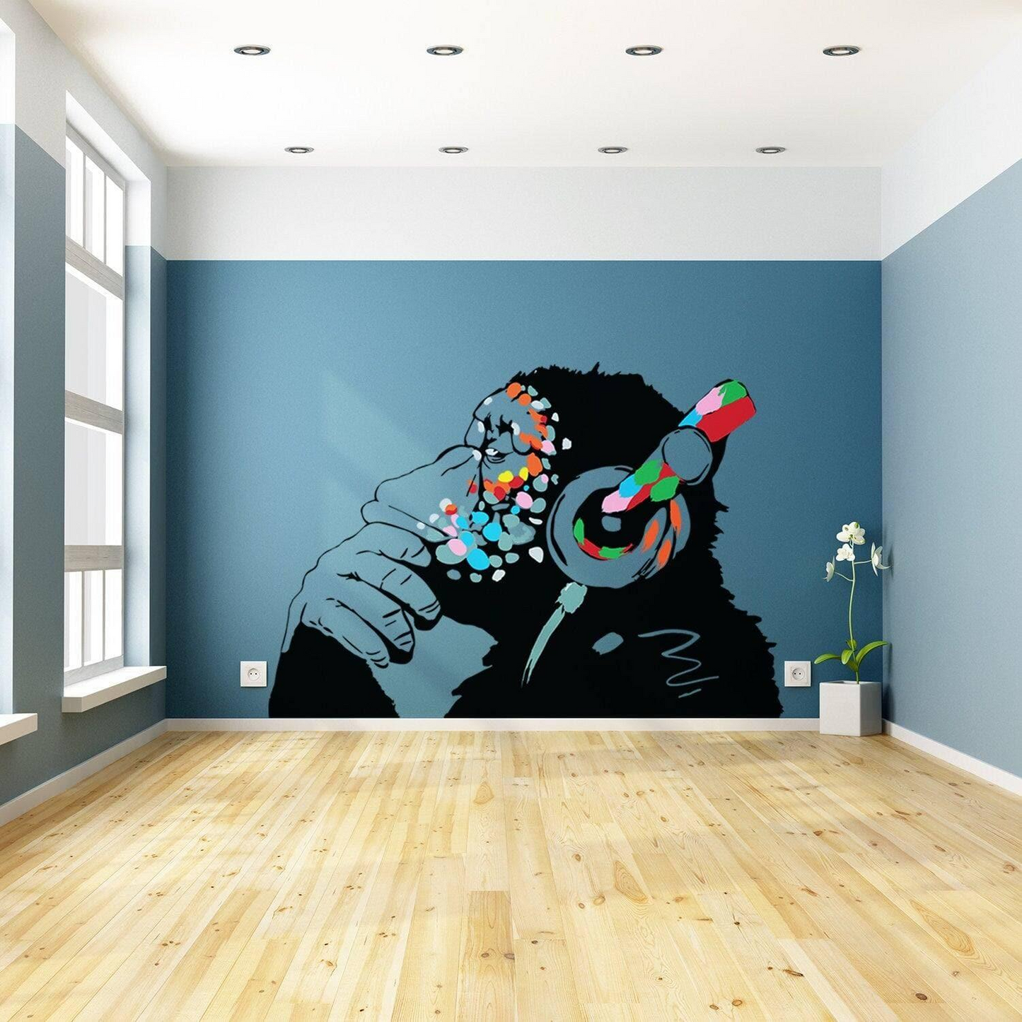 Banksy Thinking Monkey Sticker - Art Vinyl Street Dj Baksy Wall Decal - Headphones Chimp Music Thinker Graffiti Mural - Boy Smart Decals