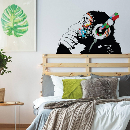 Banksy Thinking Monkey Sticker - Art Vinyl Street Dj Baksy Wall Decal - Headphones Chimp Music Thinker Graffiti Mural - Boy Smart Decals