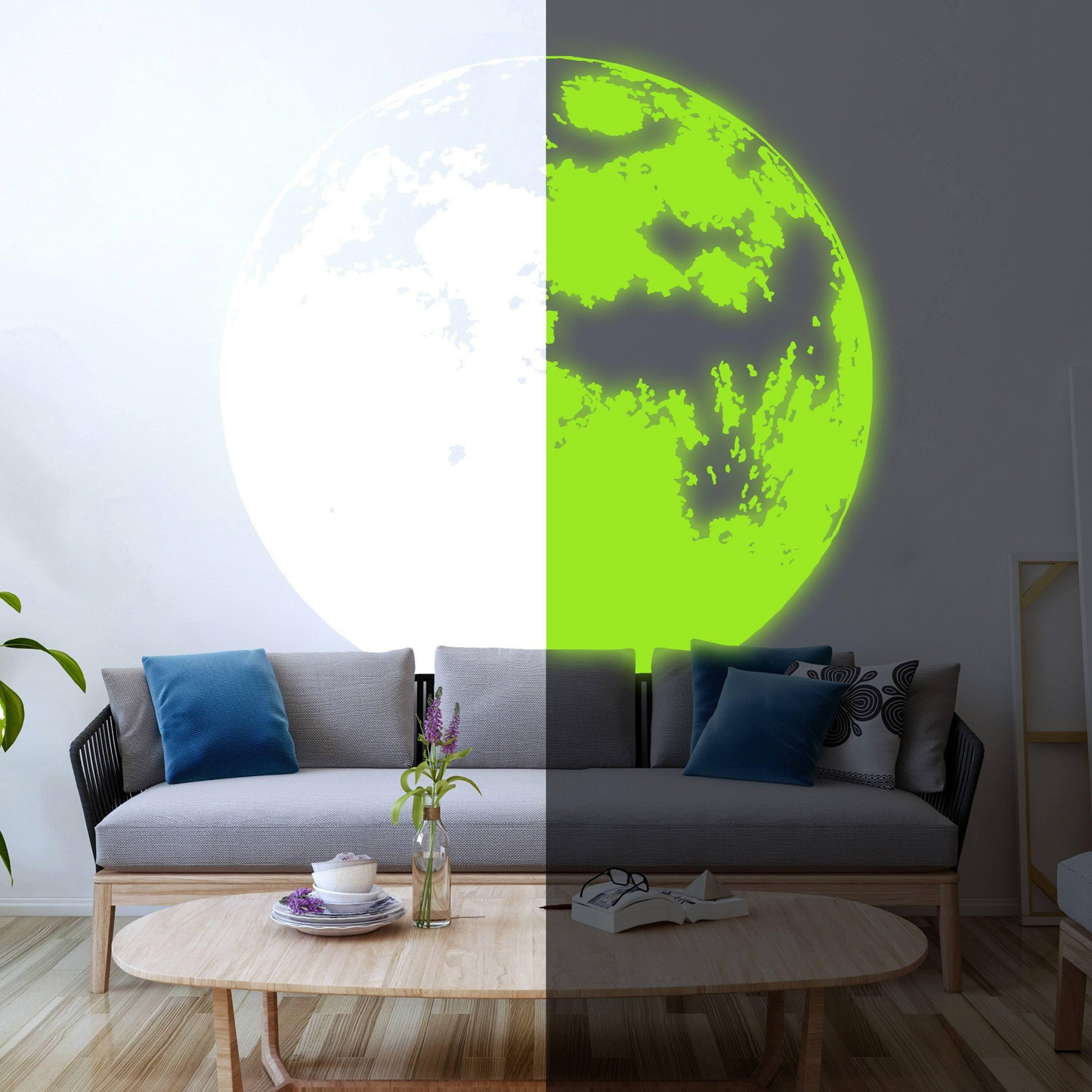 Glow In Dark Moon Wall Decor Decal - Nigh Light Full Large Sticker For Nursery Baby Kids Room - Glowing Neon Art Home Removable Vinyl