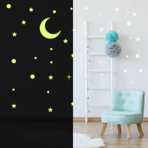 Glowing Ceiling Stickers- Starry Sky Wall Decal - Glow in the Dark Stars Crescent Sticker - Moonlight Luminescent Mural + Free Decal Gift!
