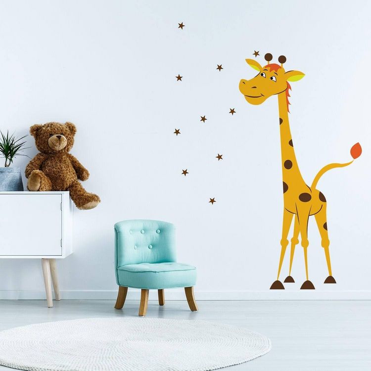 a room with a chair and a giraffe