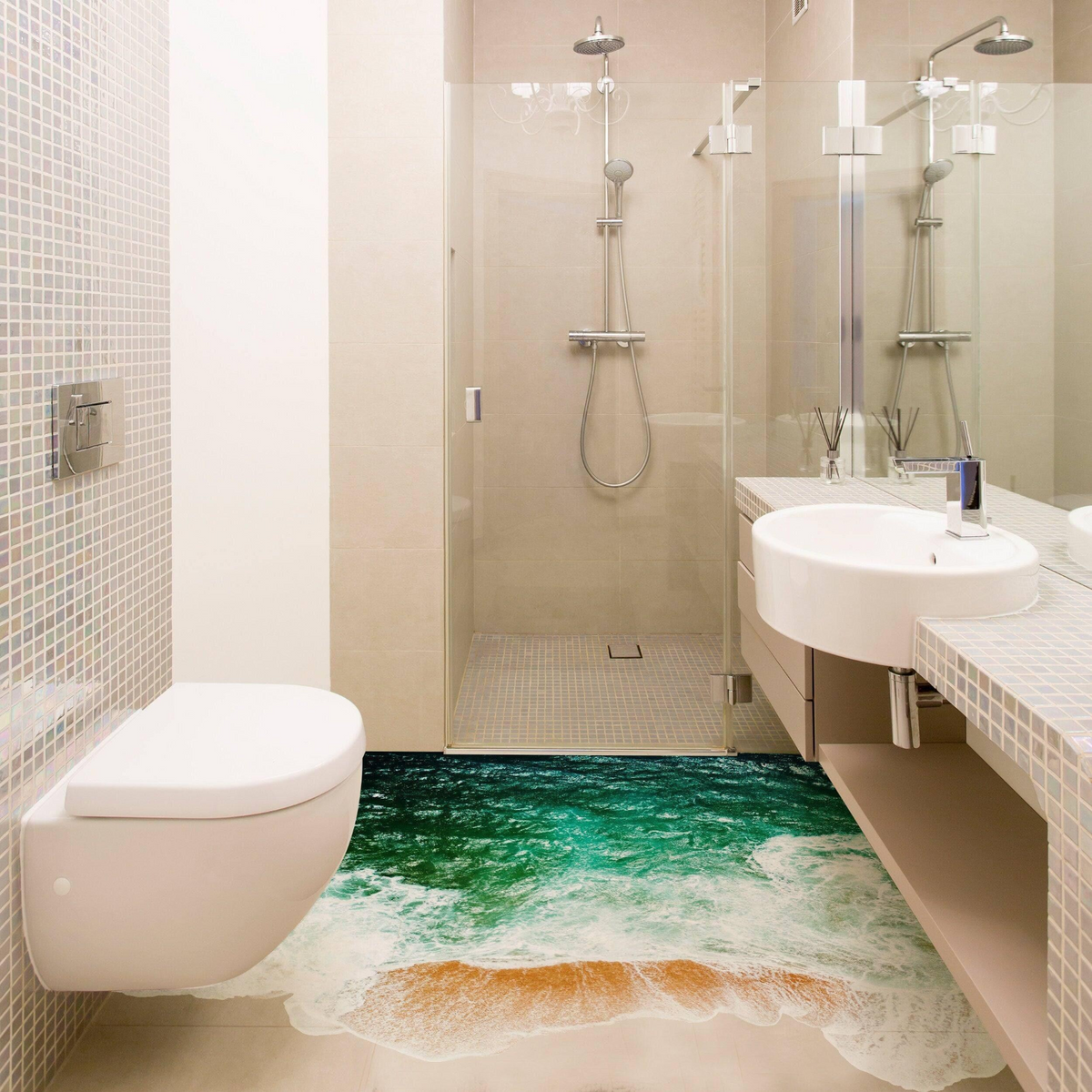 a bathroom with a beach scene