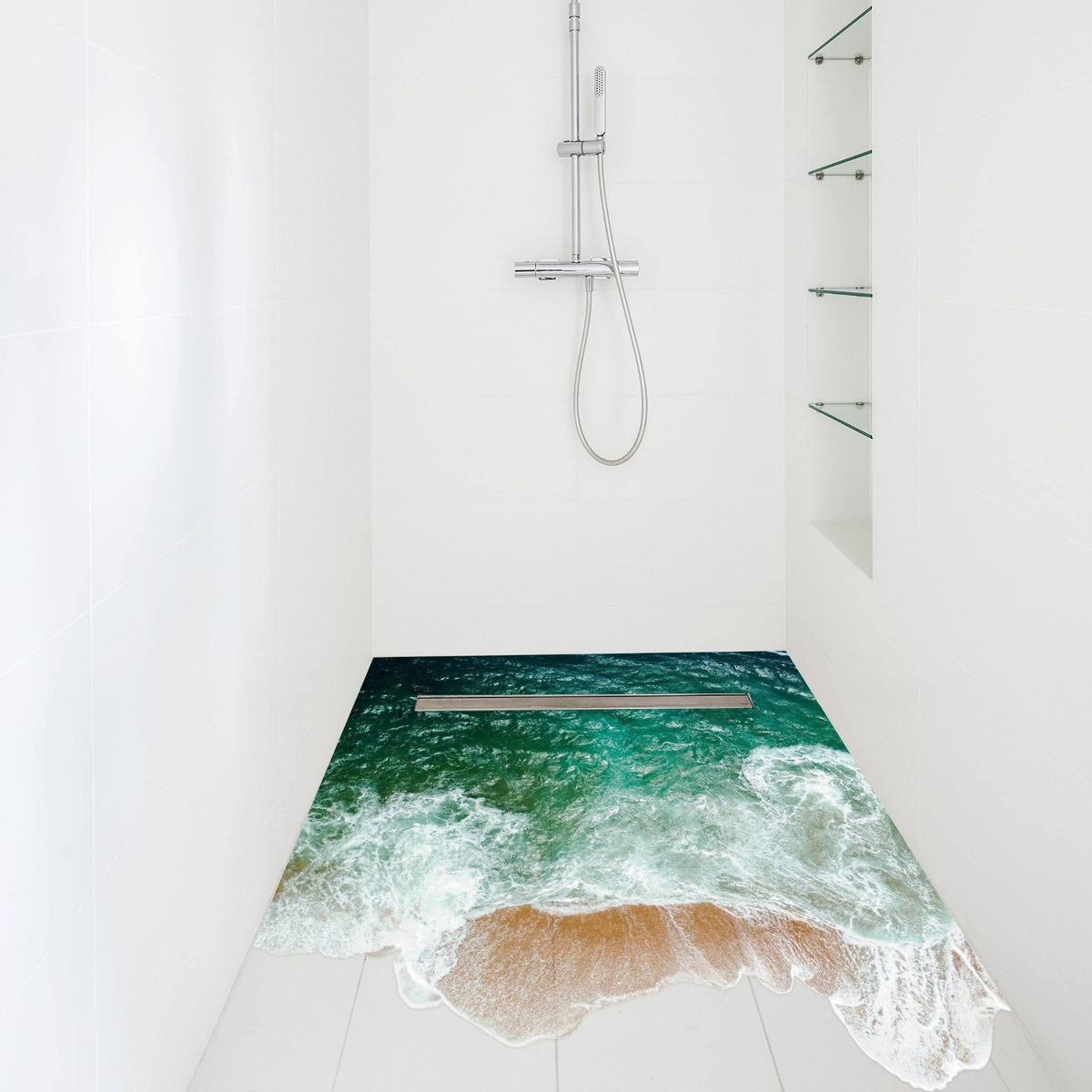 a shower with a beach and water design