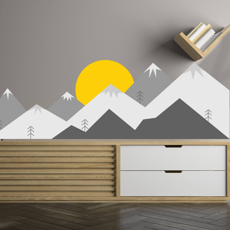 a shelf with a wall mural on the wall